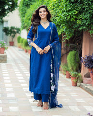 Molshree Blue Handpainted Chanderi Suit Set