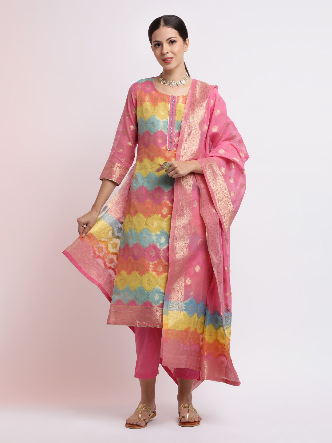 Woven Design Jacquard Festive Kurta Set With Dupatta