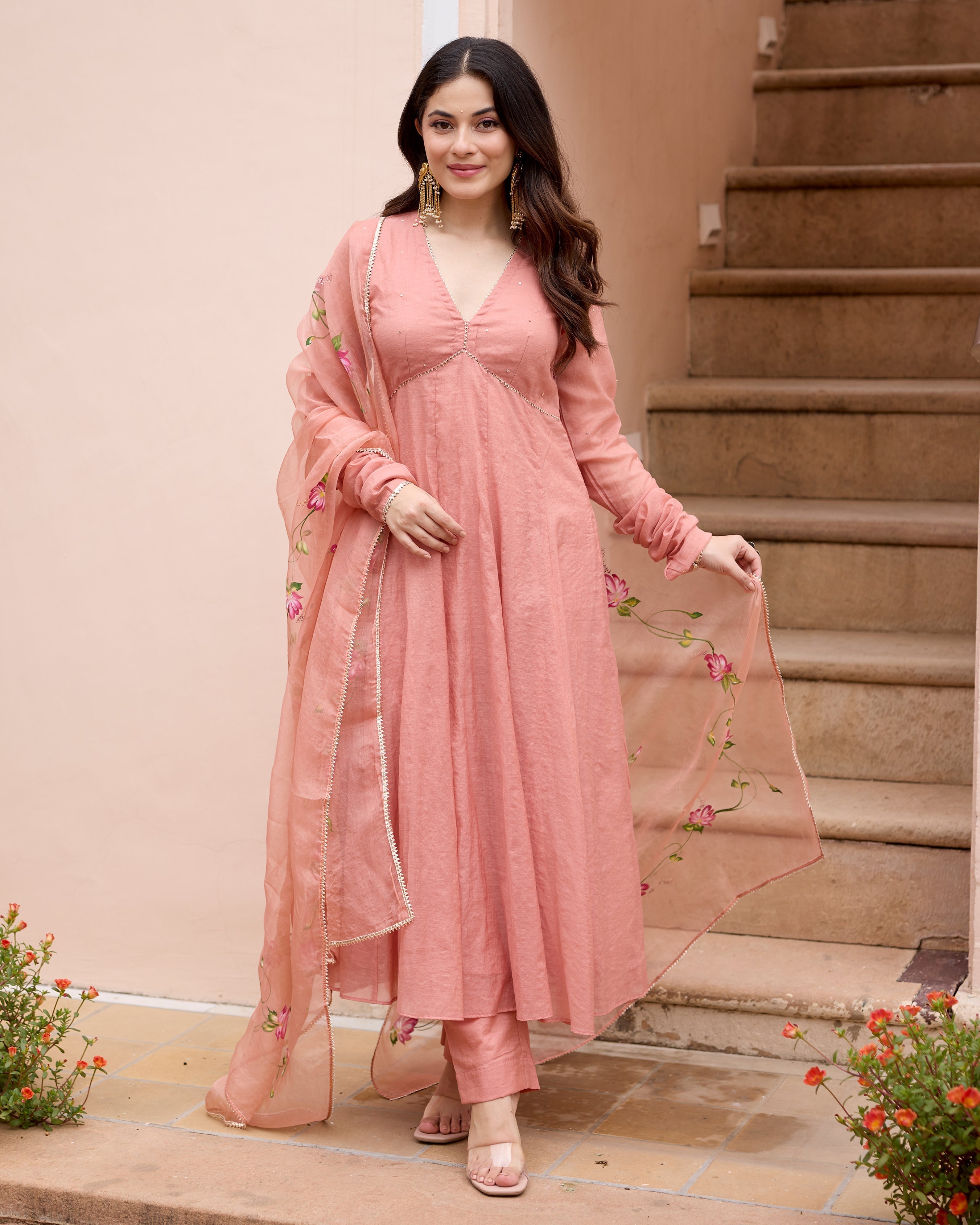 Kunda Peach Handpainted Chanderi Suit Set