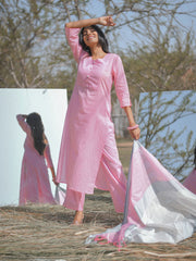 Pink & Grey Printed Straight Kurta With Printed Palazzo And Dupatta