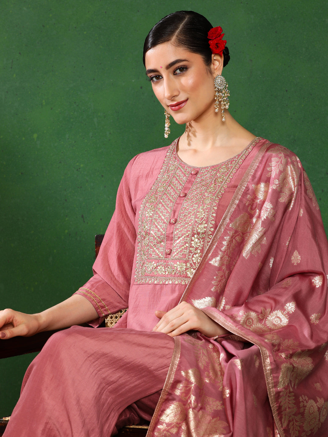 Solid Embroidered Straight Kurta & Trousers Sets
