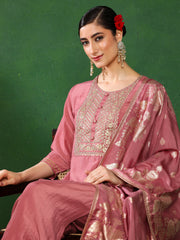 Solid Embroidered Straight Kurta & Trousers Sets