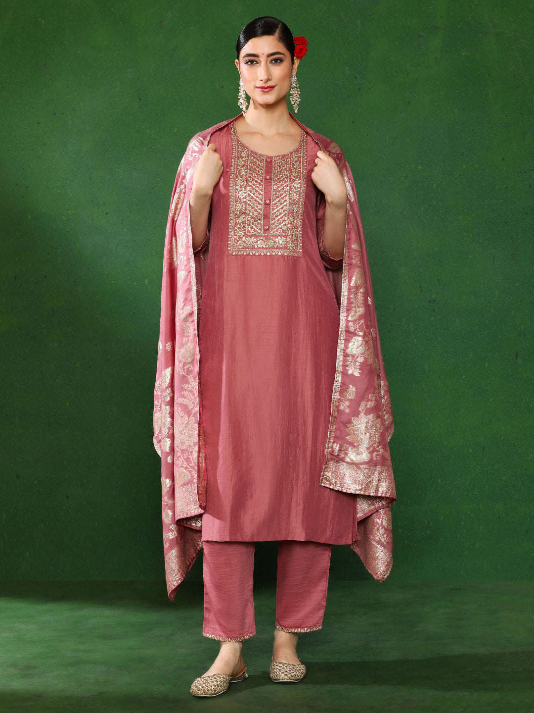Solid Embroidered Straight Kurta & Trousers Sets