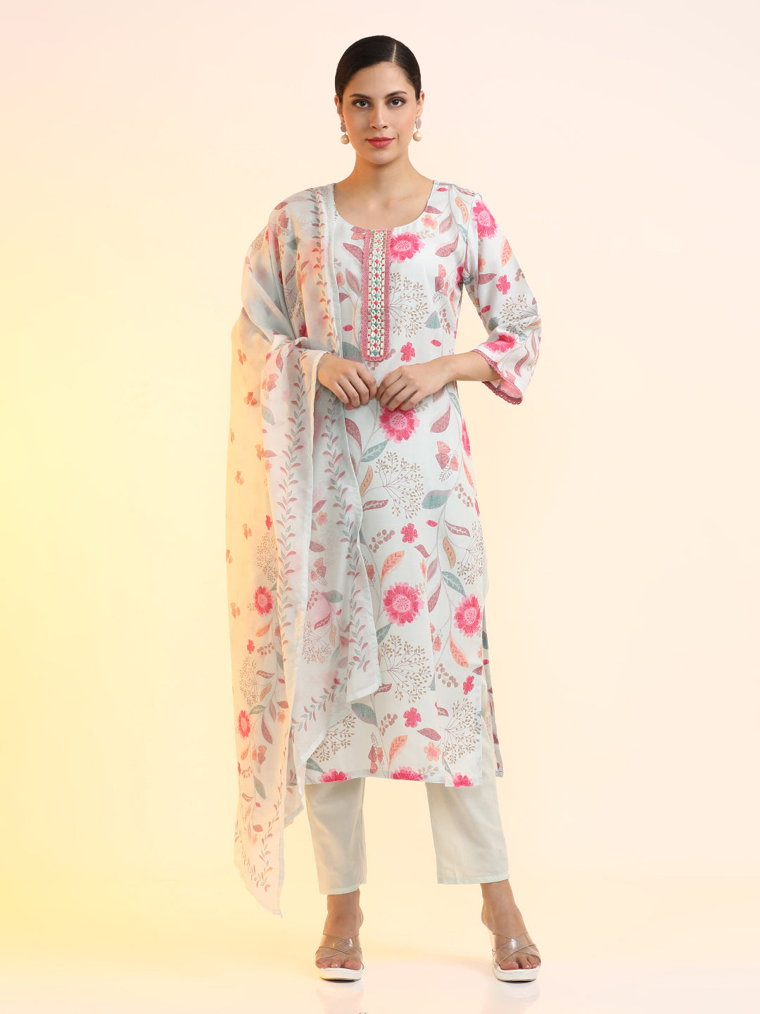 Embroidered Linen Floral Kurta Sets With Dupatta