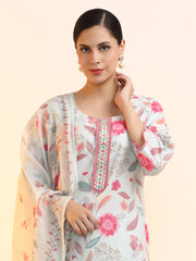 Embroidered Linen Floral Kurta Sets With Dupatta