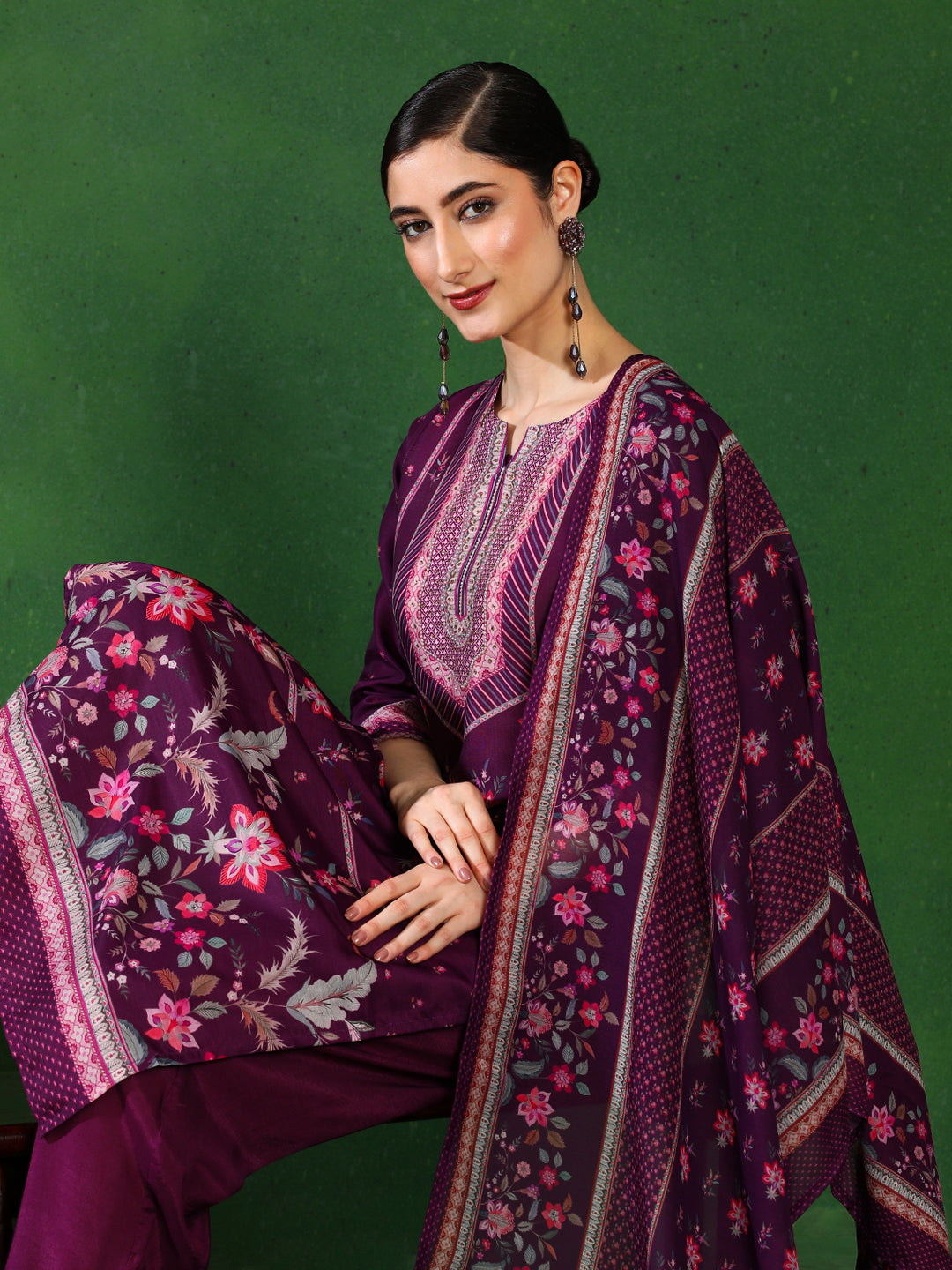 Floral Embroidered A-Line Kurta & Trousers Sets