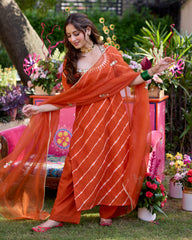 Raksha Orange Leheriya Cotton Suit Set
