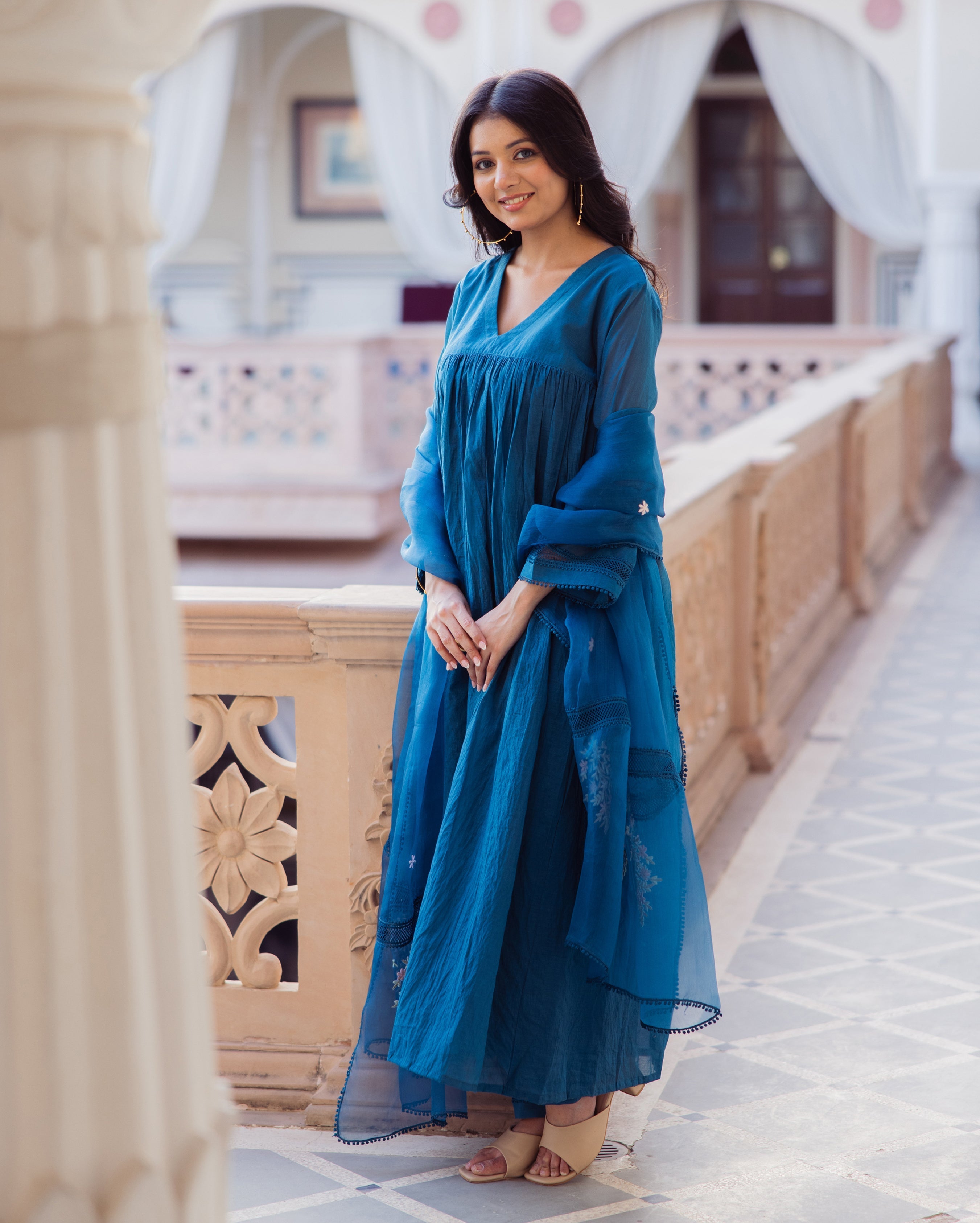 Desi Blue Embroidered Chanderi Suit Set
