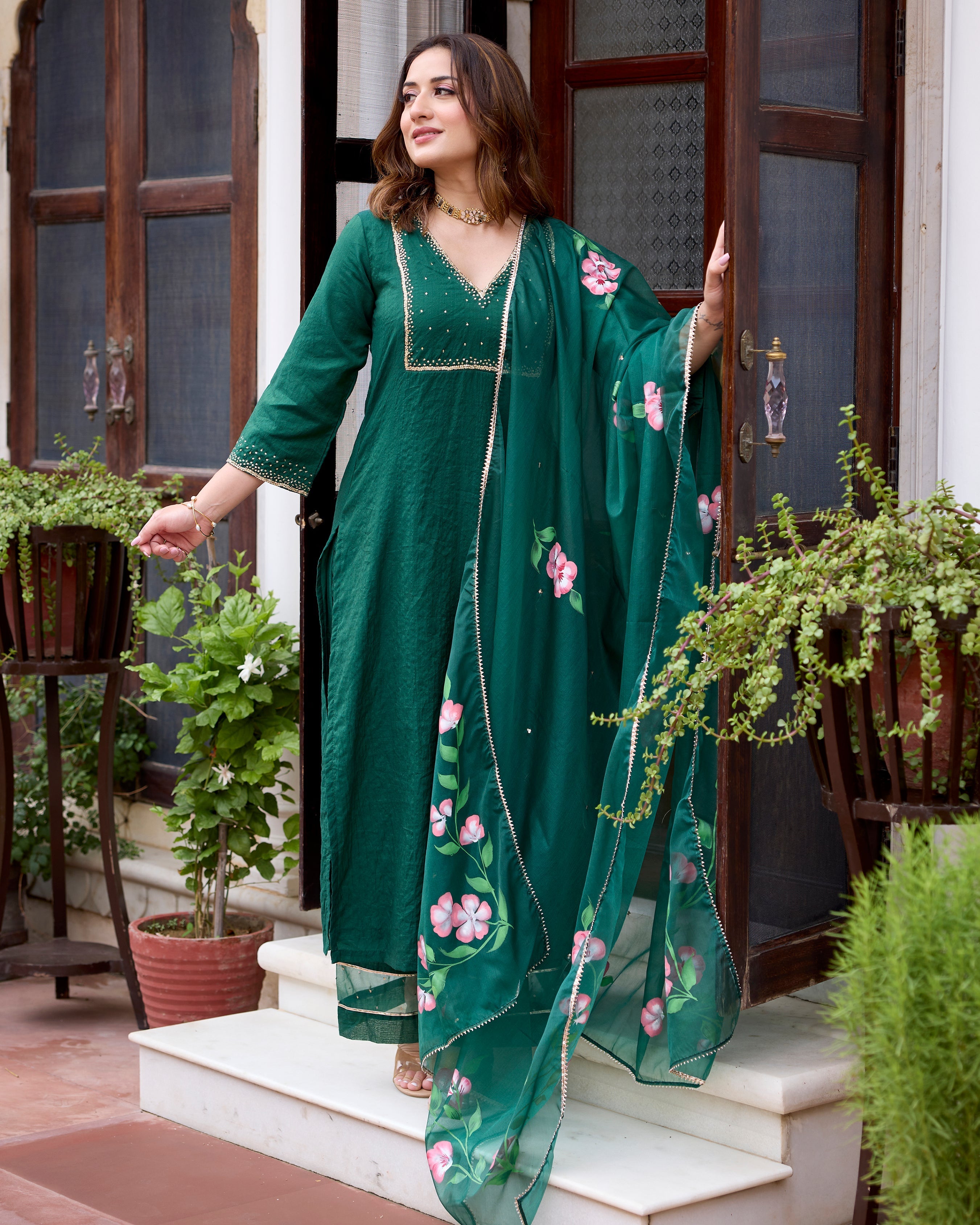 Tulsi Bottle Green Handpainted Chanderi Suit Set