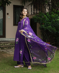 Kanchan Purple Handpainted Chanderi Suit Set
