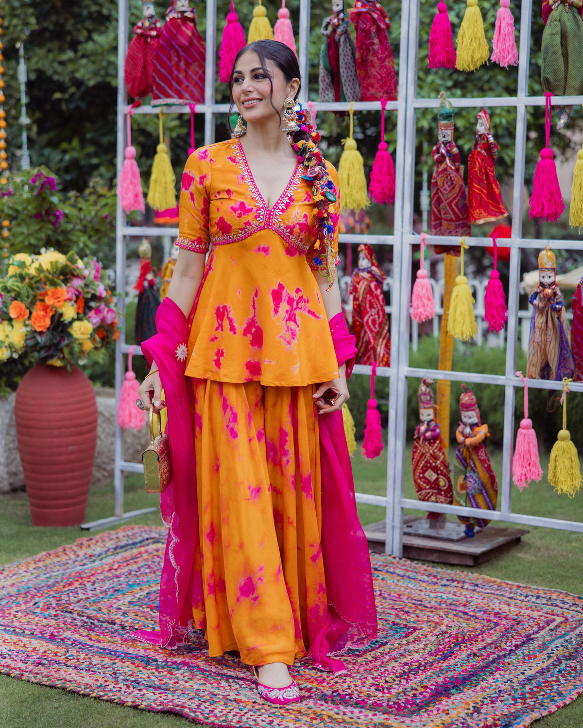 Ritu Orange Pink Tie Dye Muslin Sharara Set