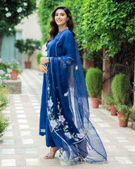 Molshree Blue Handpainted Chanderi Suit Set