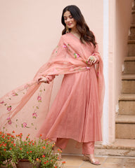 Kunda Peach Handpainted Chanderi Suit Set