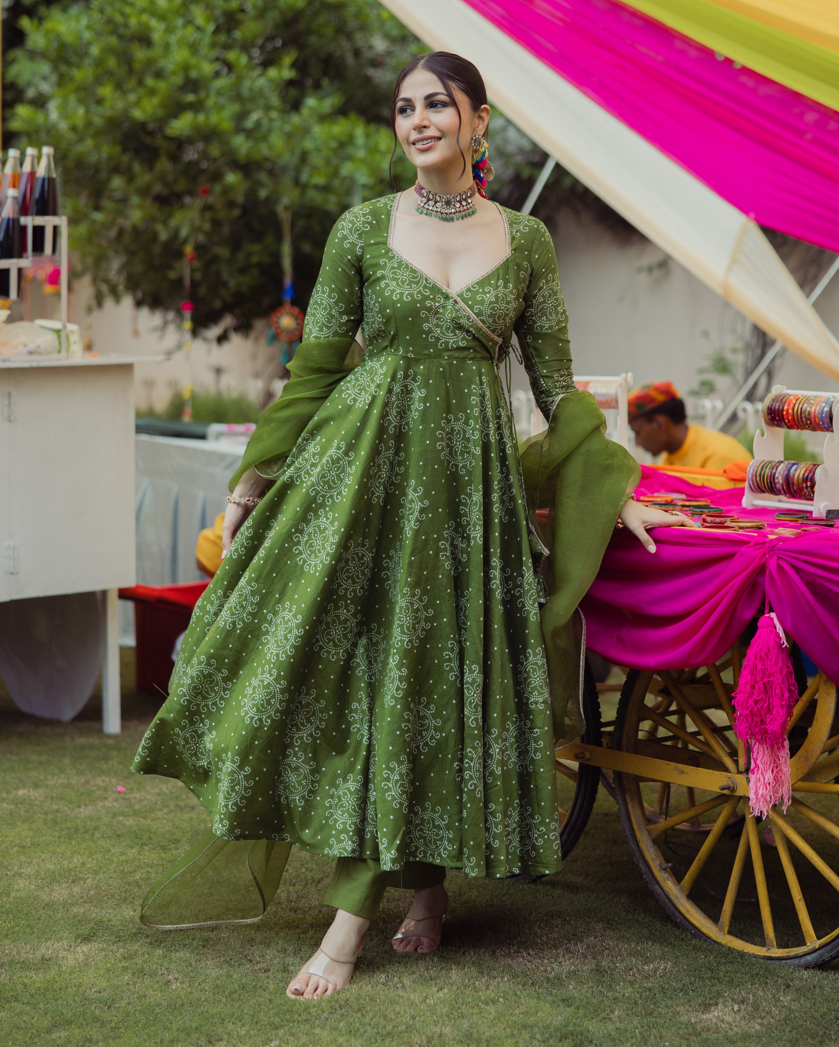 Katha Green Bandhani Chanderi Suit Set