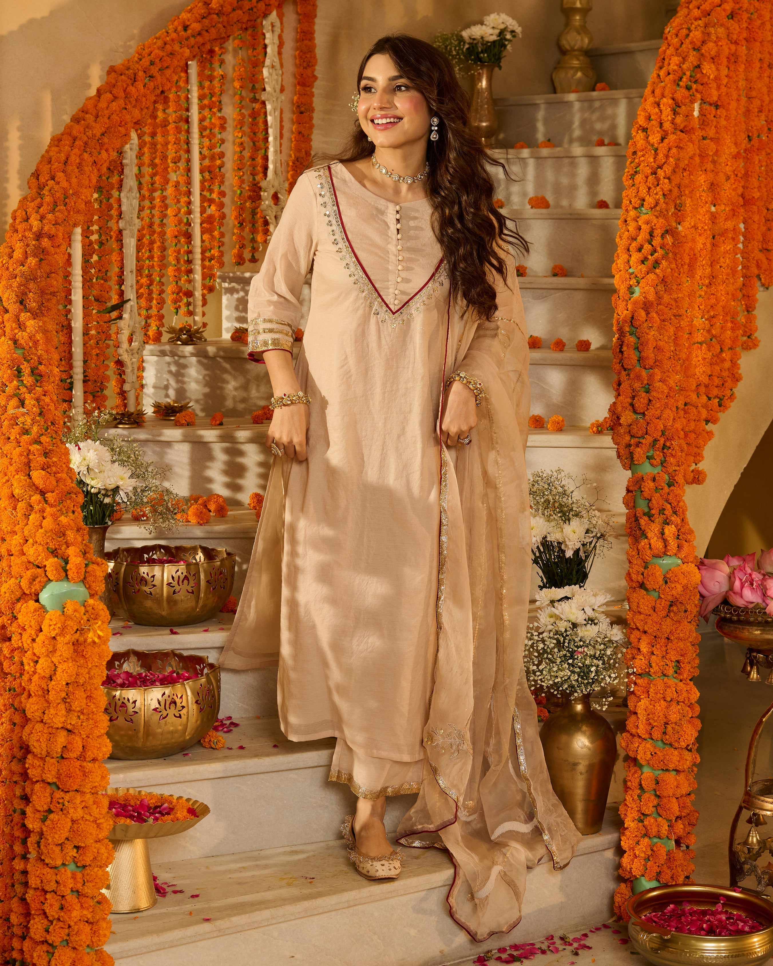 Aarush Beige Solid Chanderi Suit Set