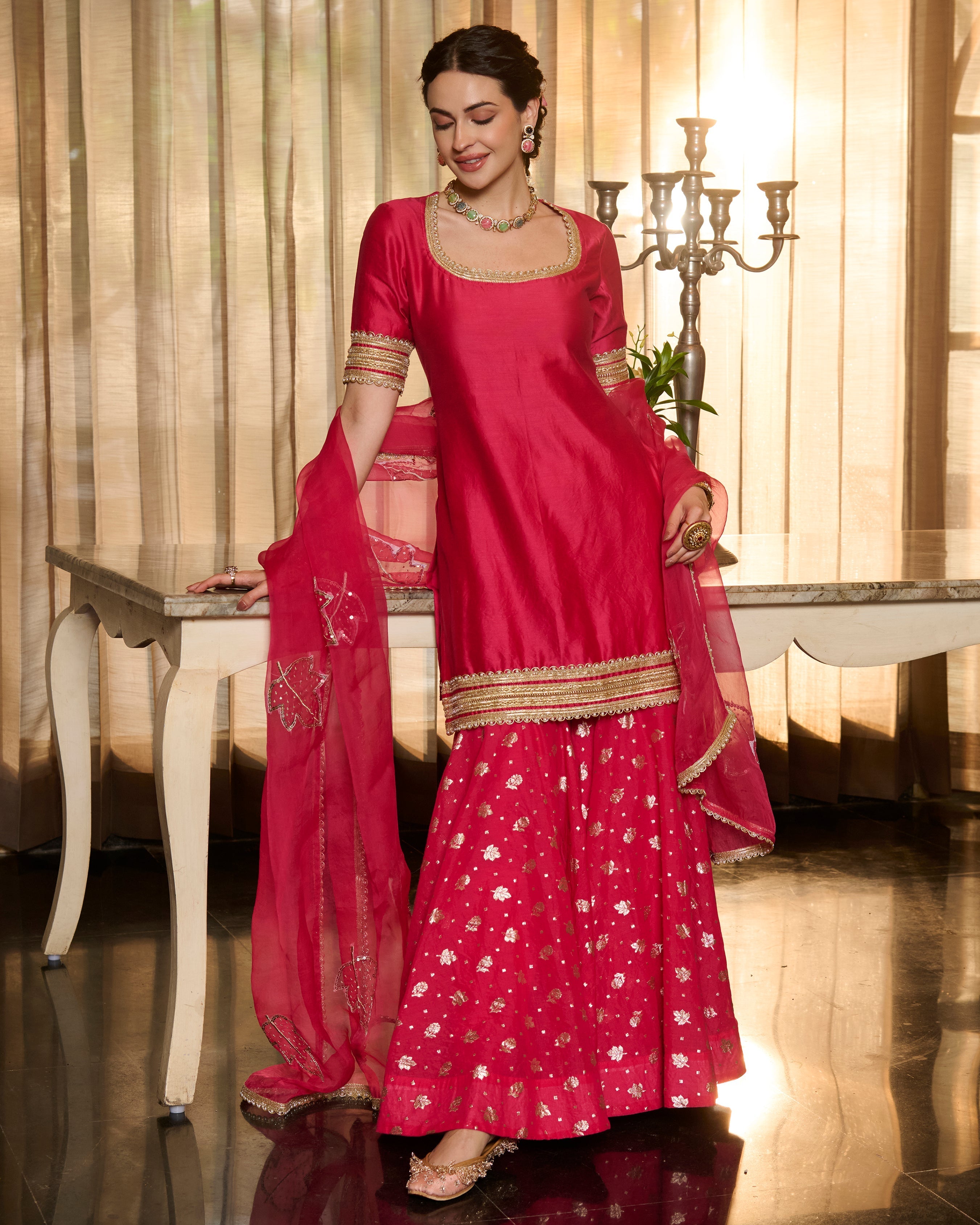 Nandika Pink Solid Chanderi Sharara Set