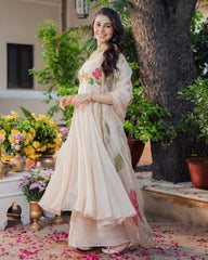 Harsinghar Beige Handpainted Viscose Organza Suit Set