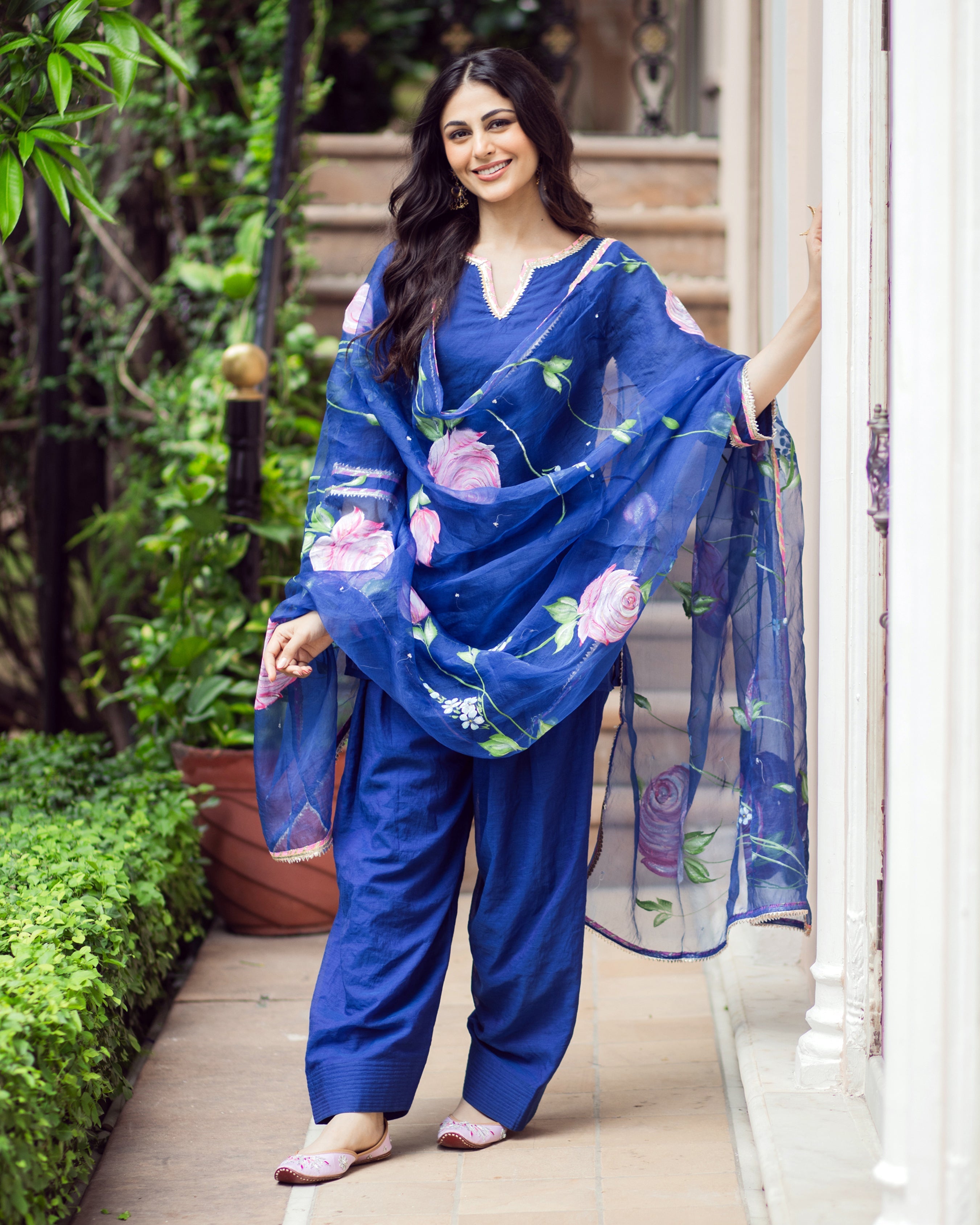 Padma Blue Handpainted Chanderi Suit Set