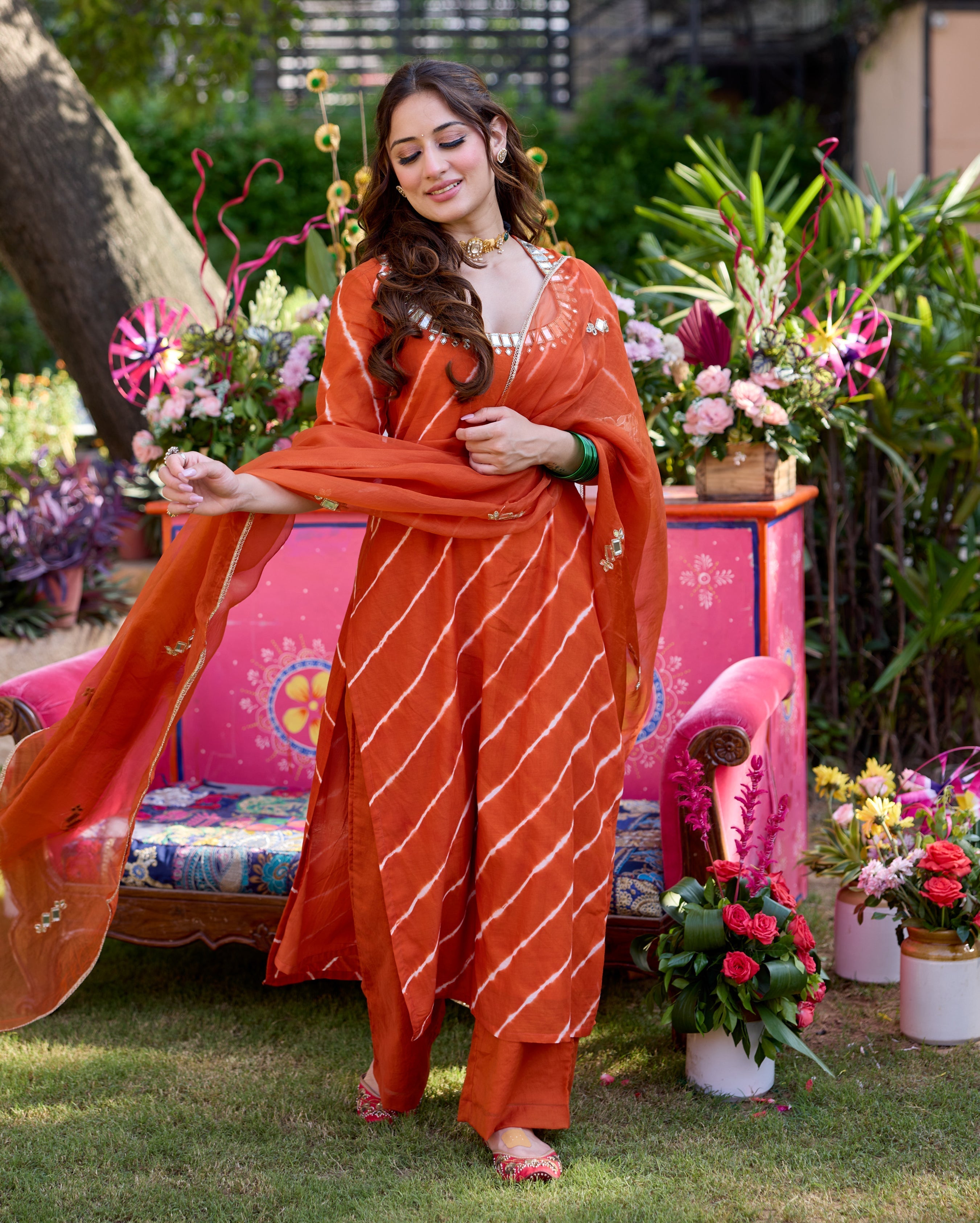 Raksha Orange Leheriya Cotton Suit Set