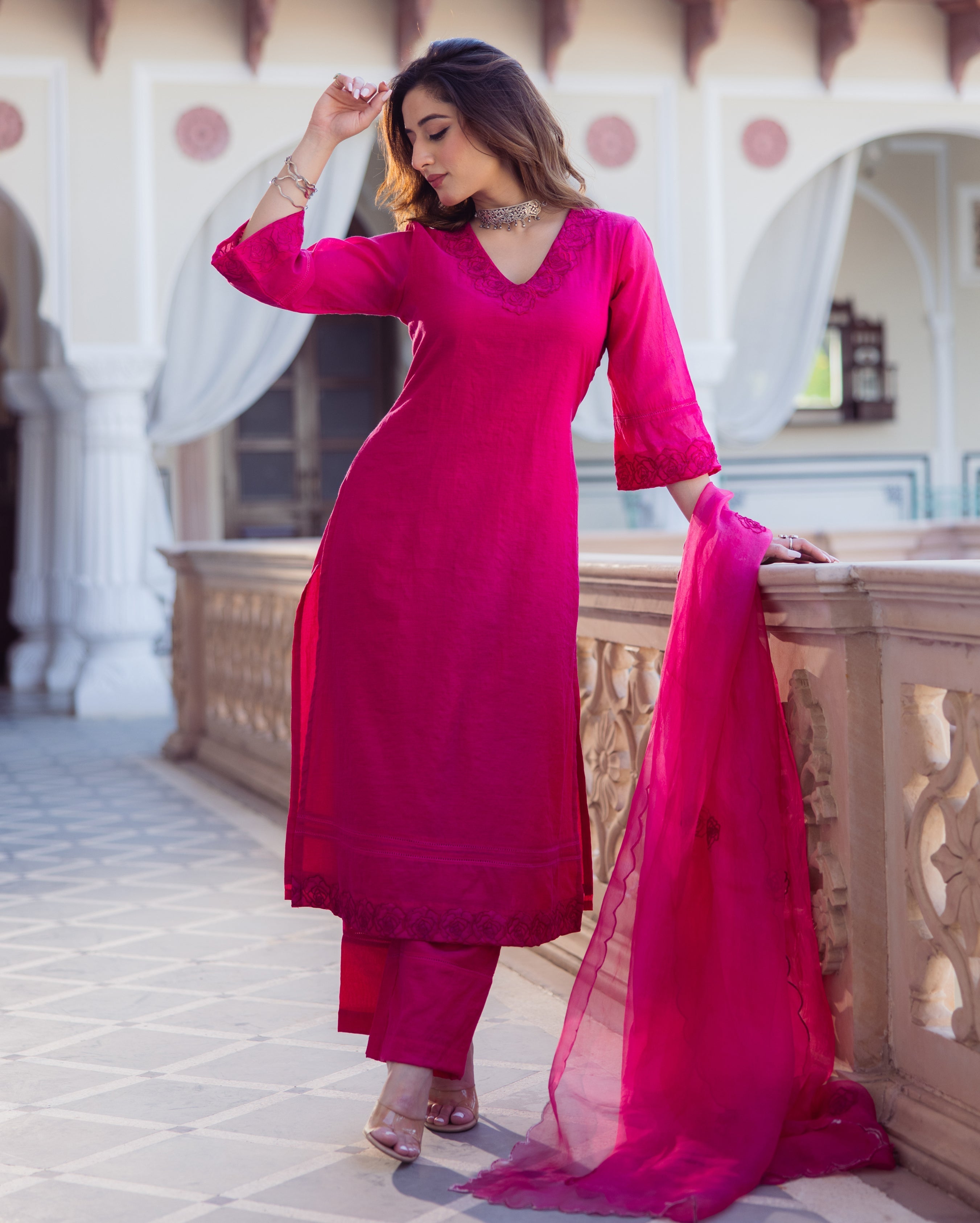Hanya Magenta Embroidered Chanderi Suit Set