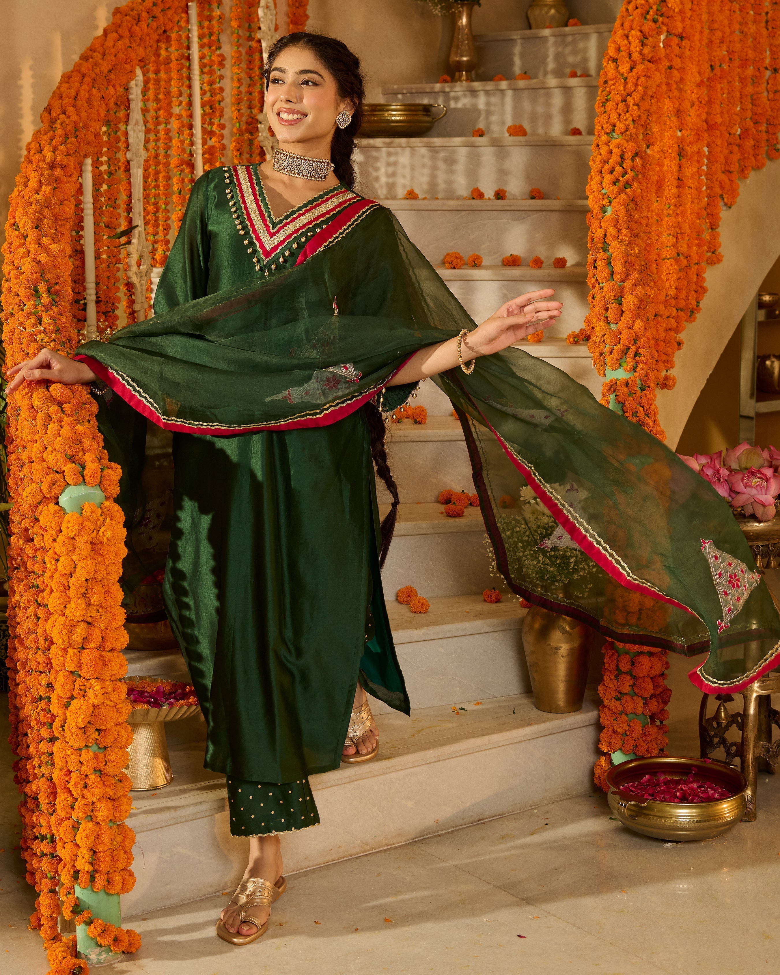 Divyana Green Solid Chanderi Suit Set