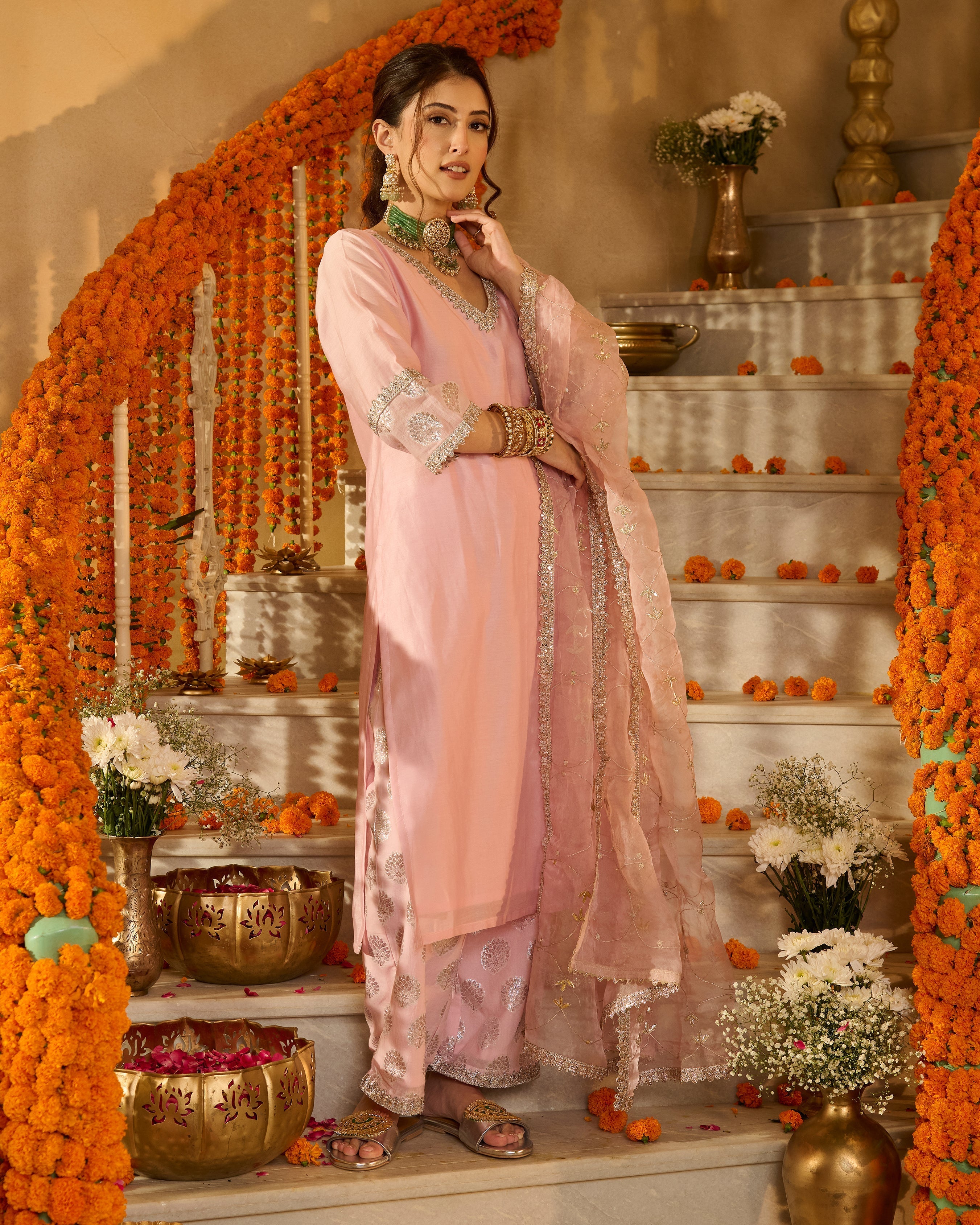 Archita Light Pink Solid Chanderi Suit Set