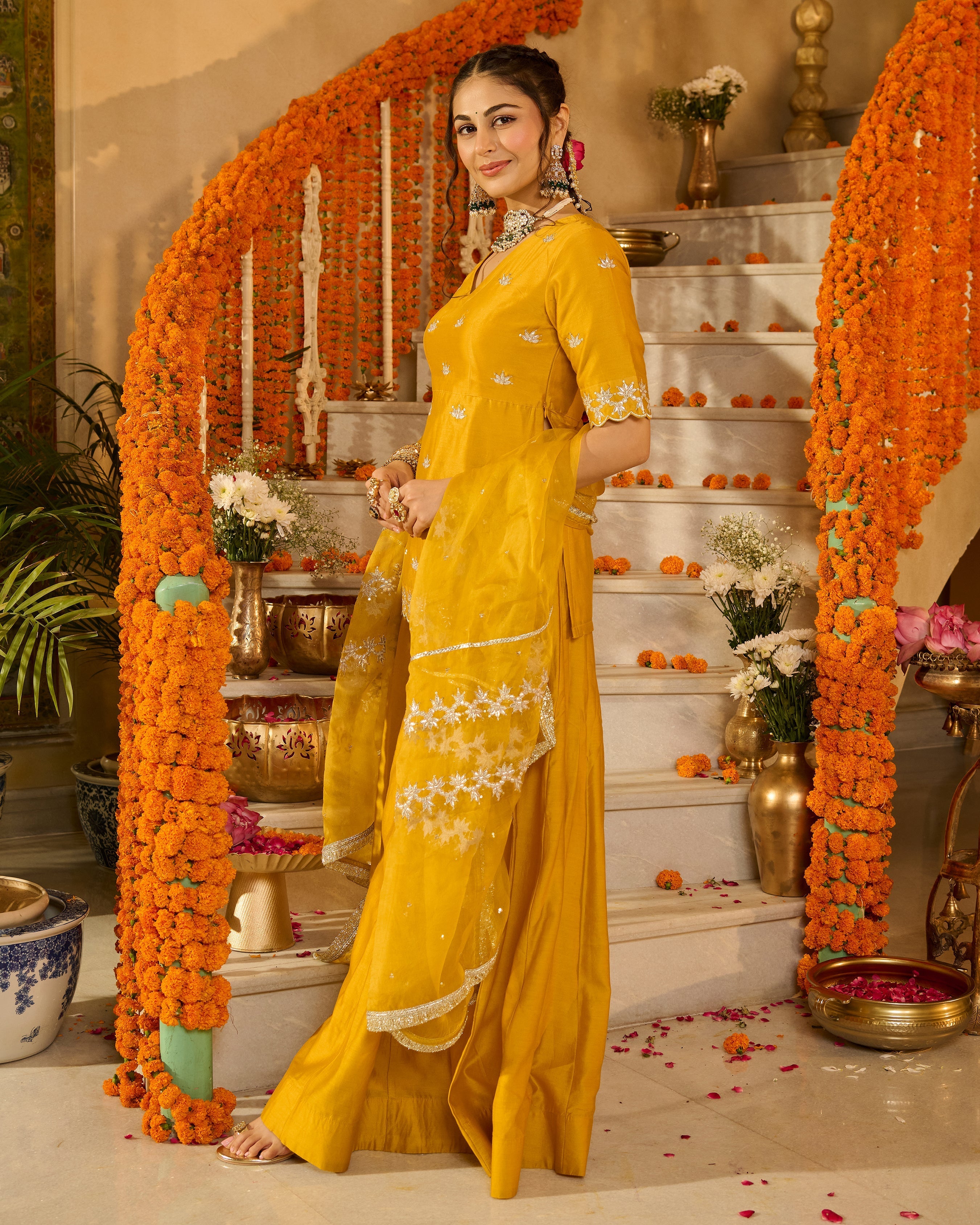 Charvi Yellow Solid Chanderi Suit Set