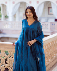 Desi Blue Embroidered Chanderi Suit Set