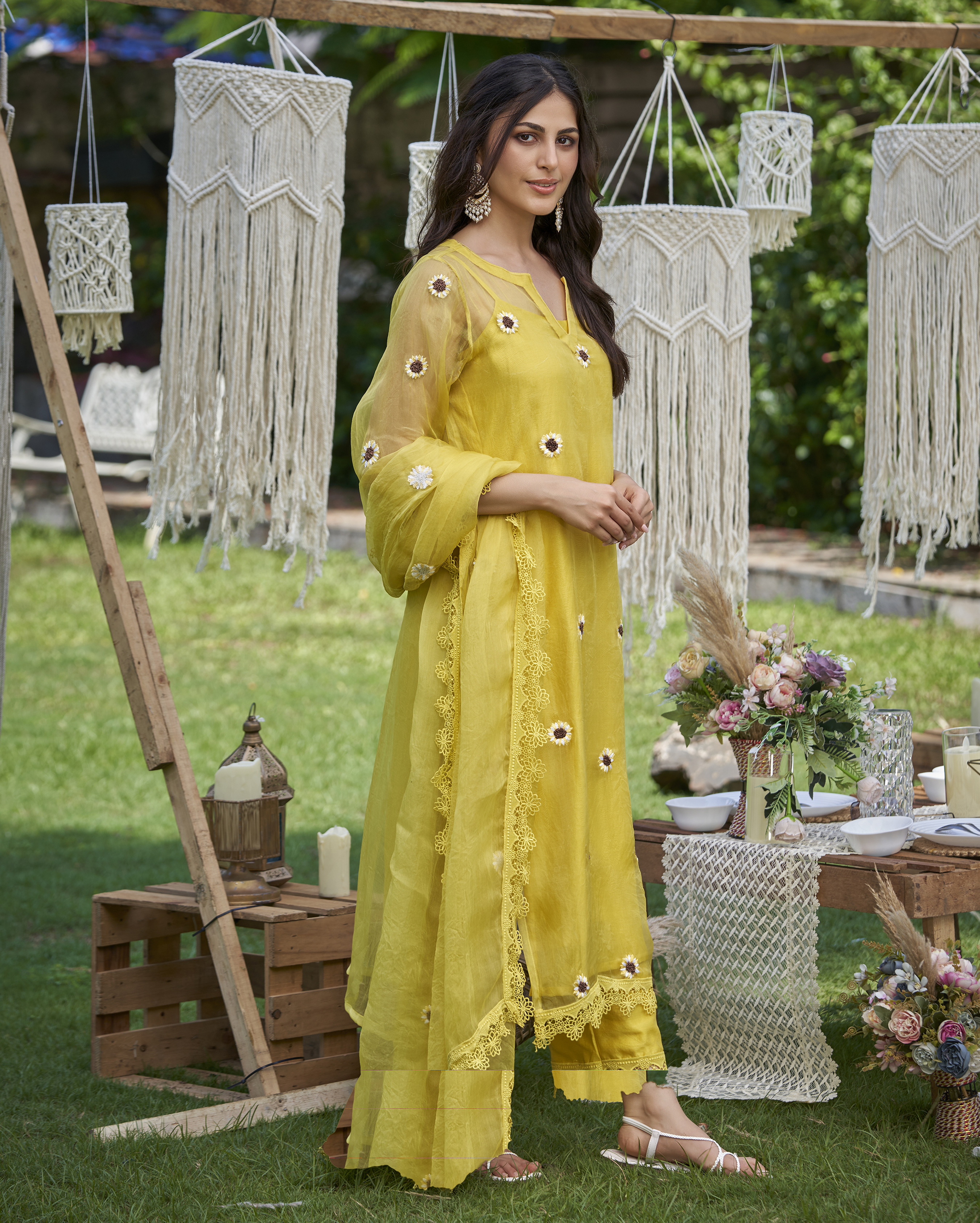 Murat Yellow Embroidered Organza Kurta Set