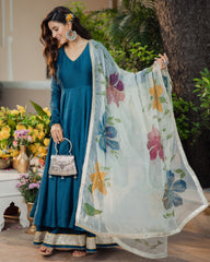 Neelkamal Teal Blue Handpainted Chanderi Suit Set