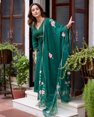 Tulsi Bottle Green Handpainted Chanderi Suit Set