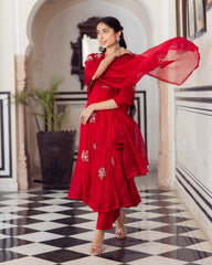 Ruby Red Embroidered Doria Suit Set