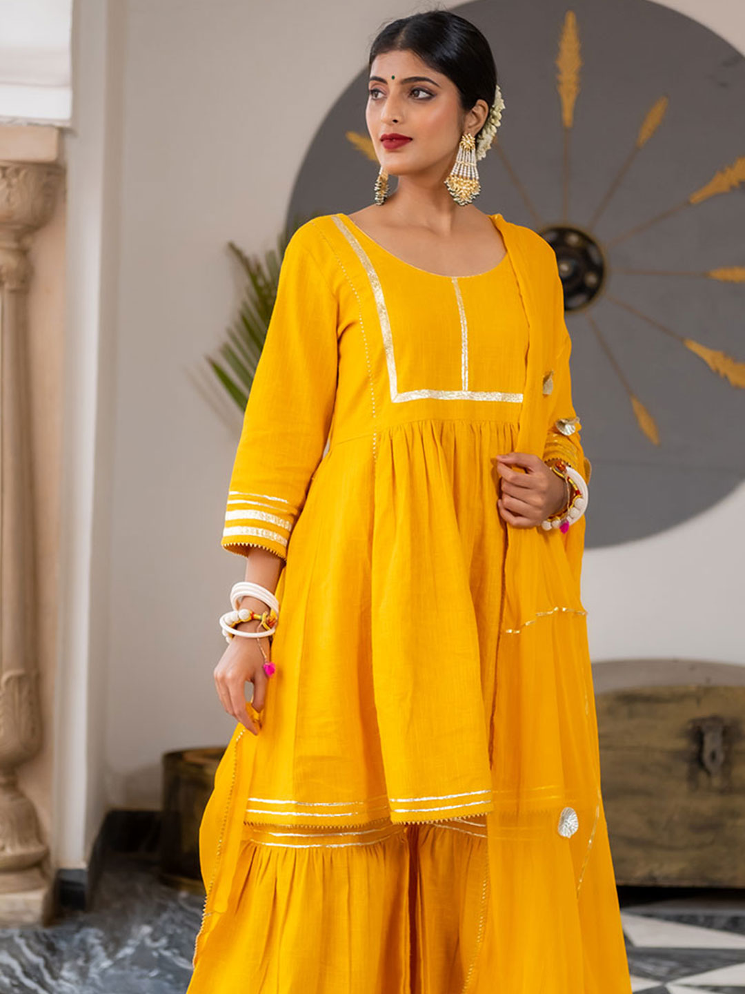Mustard Flared Cotton Short Kurta With Sharara And Dupatta