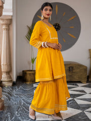 Mustard Flared Cotton Short Kurta With Sharara And Dupatta