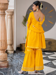 Mustard Flared Cotton Short Kurta With Sharara And Dupatta