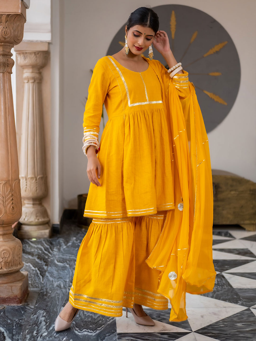 Mustard Flared Cotton Short Kurta With Sharara And Dupatta