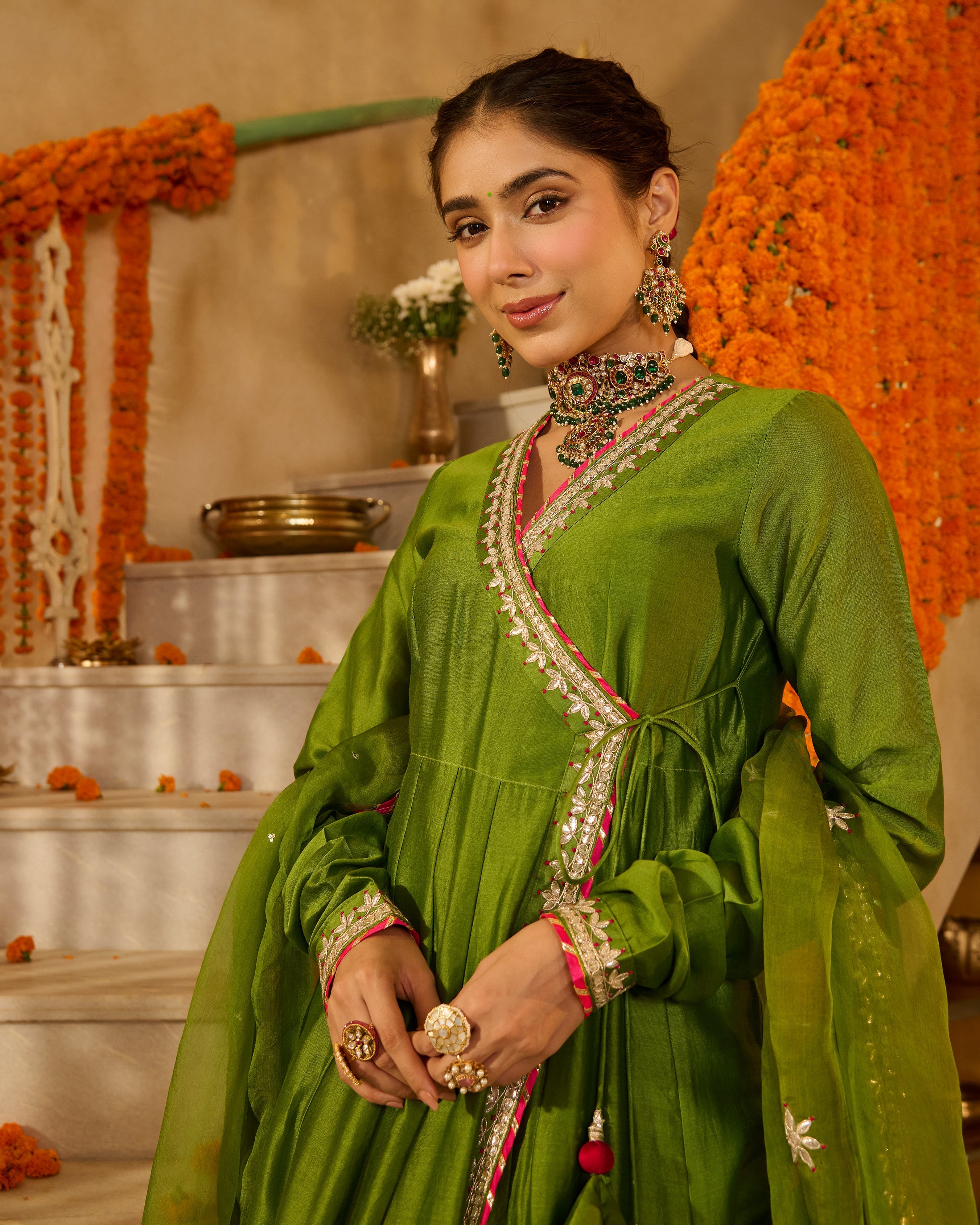 Anandi Green Solid Chanderi Suit Set