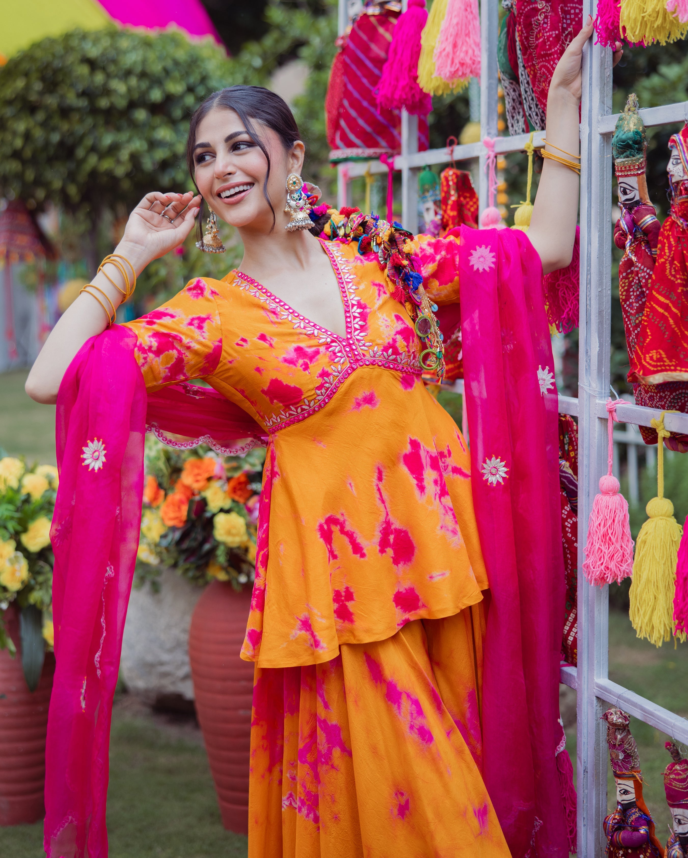 Ritu Orange Pink Tie Dye Muslin Sharara Set