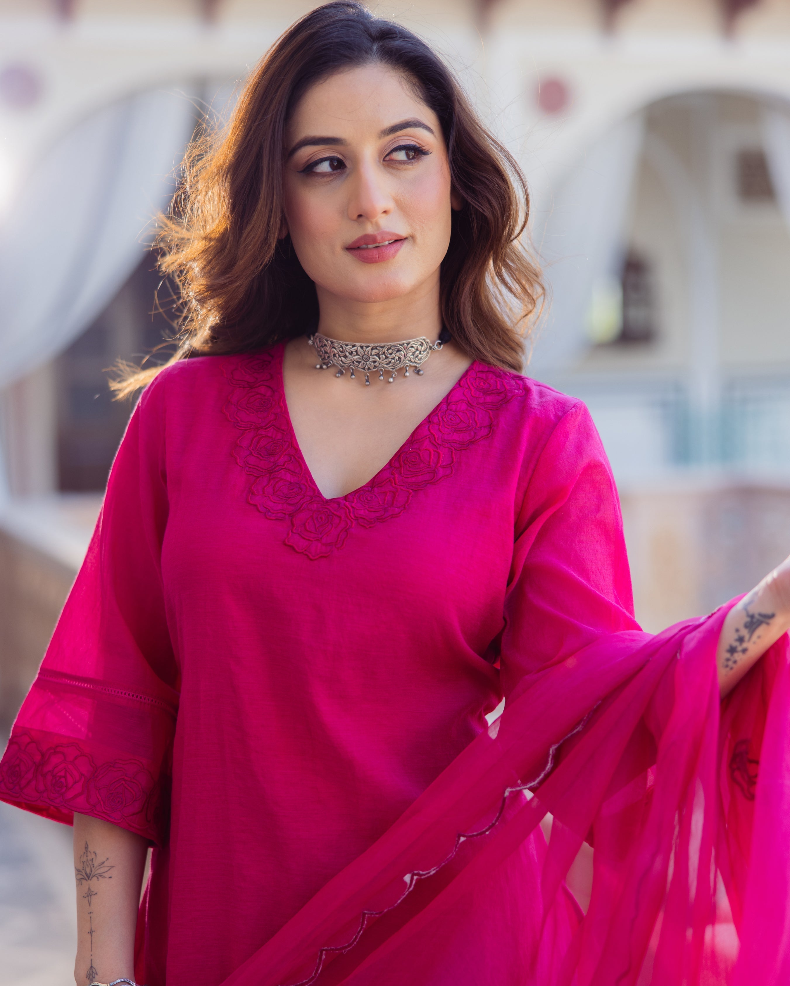 Hanya Magenta Embroidered Chanderi Suit Set