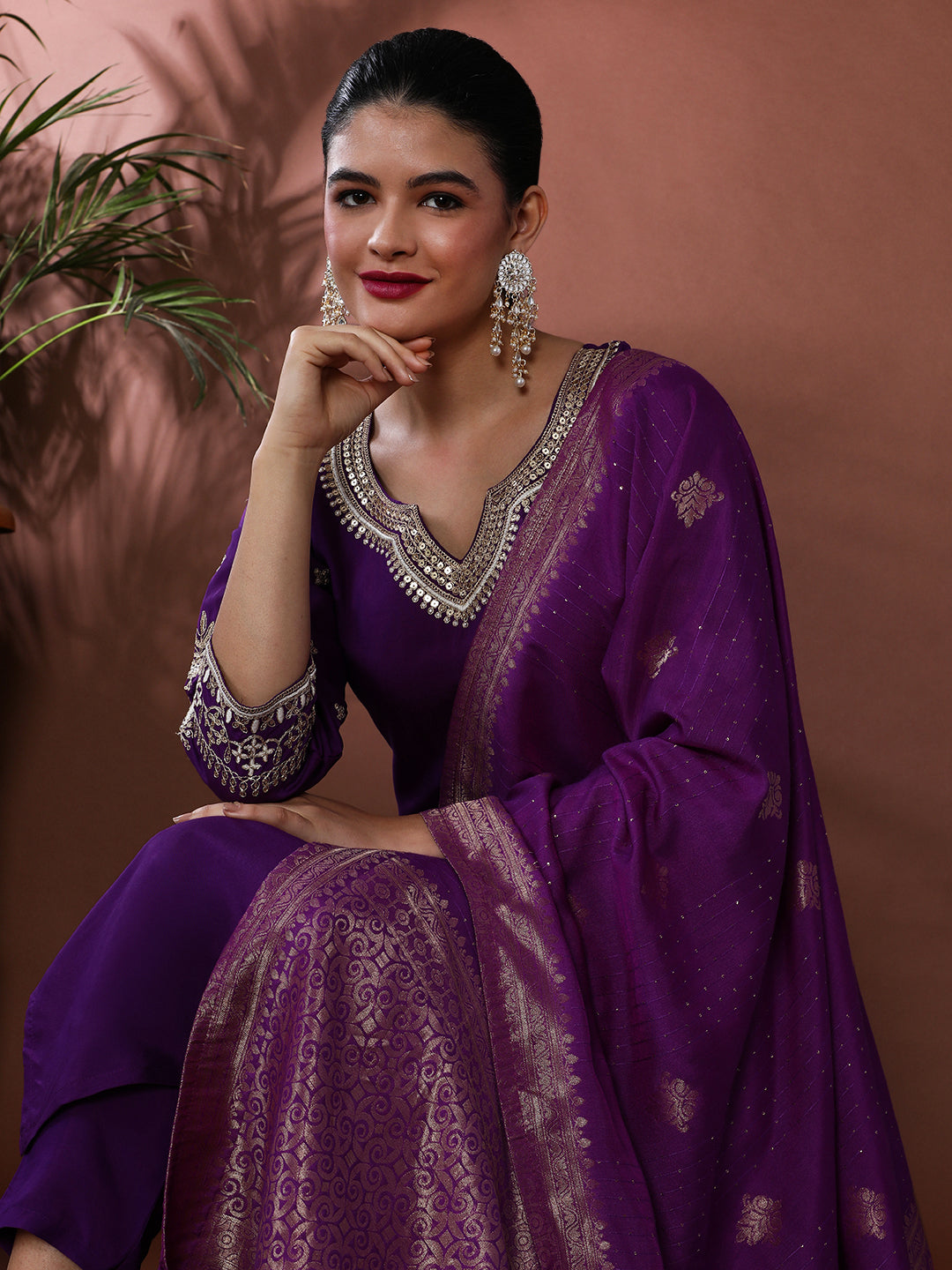 Solid Embroidered Chanderi Silk Kurta & Trousers Sets