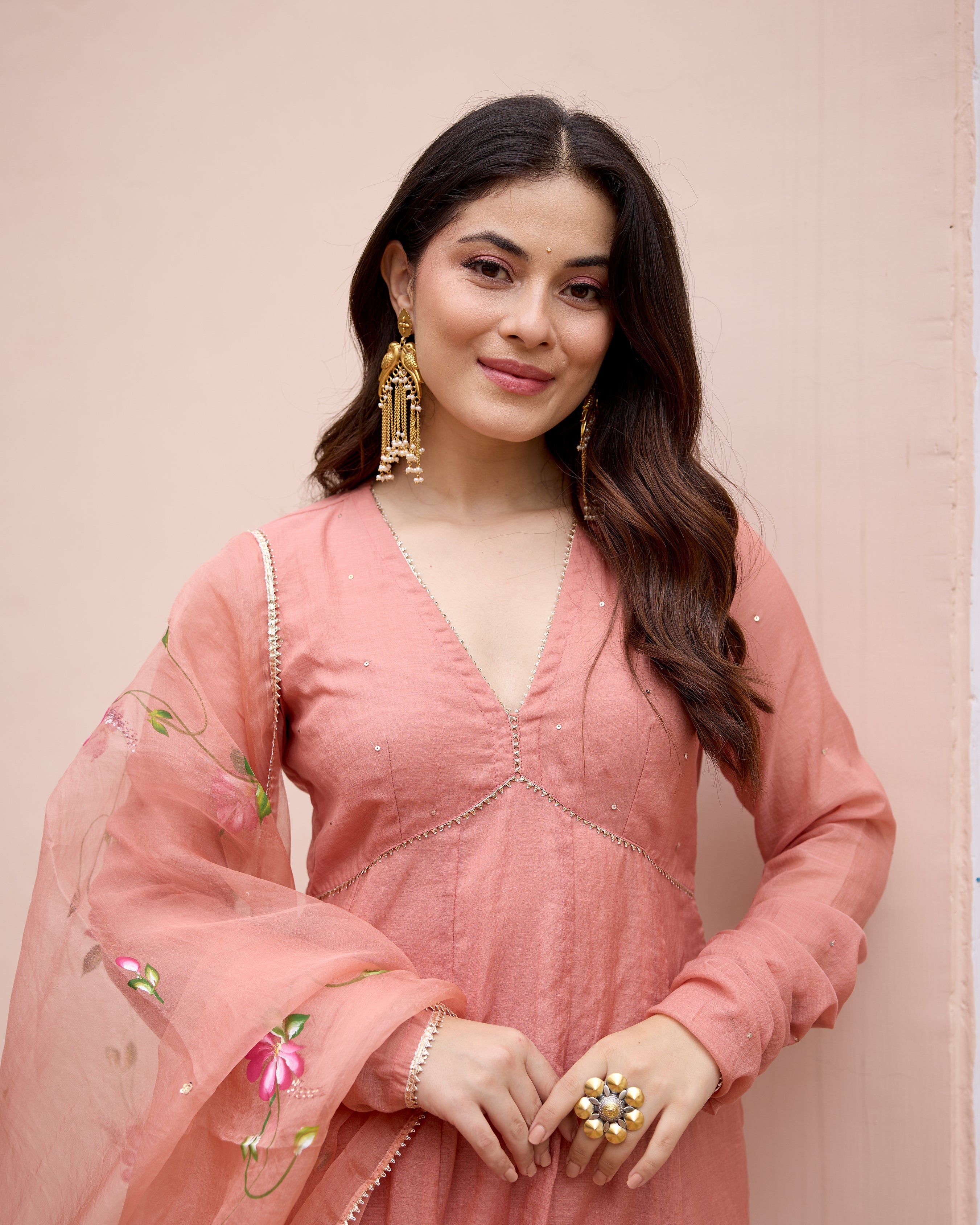 Kunda Peach Handpainted Chanderi Suit Set