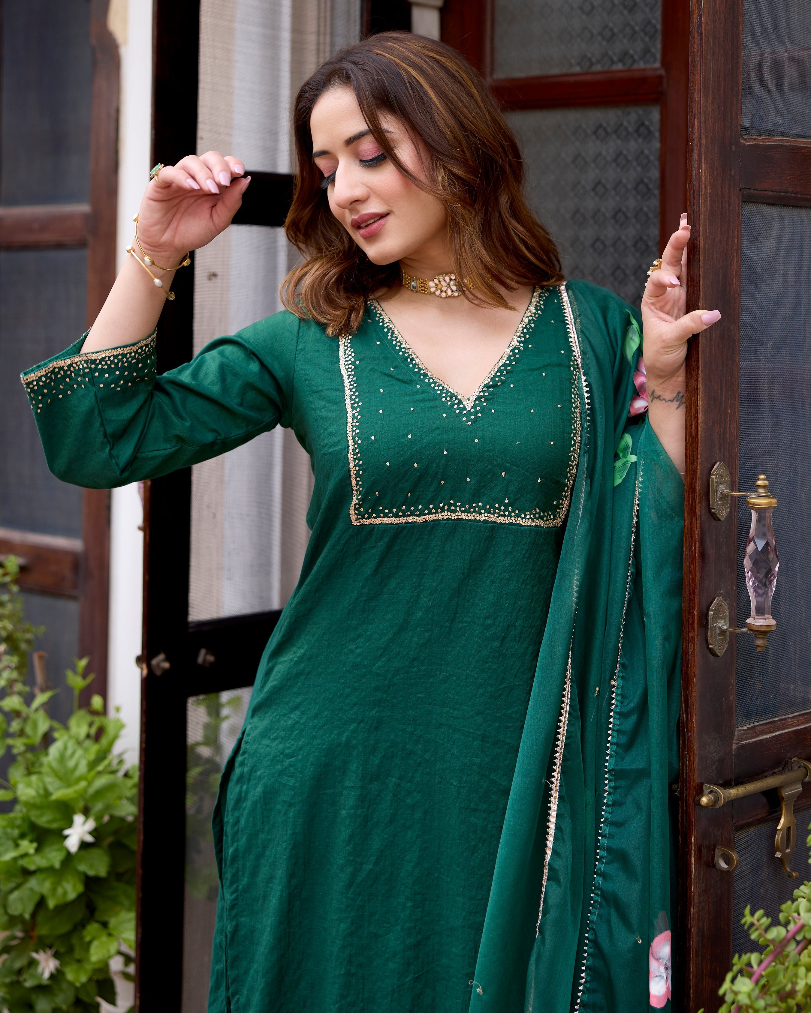 Tulsi Bottle Green Handpainted Chanderi Suit Set