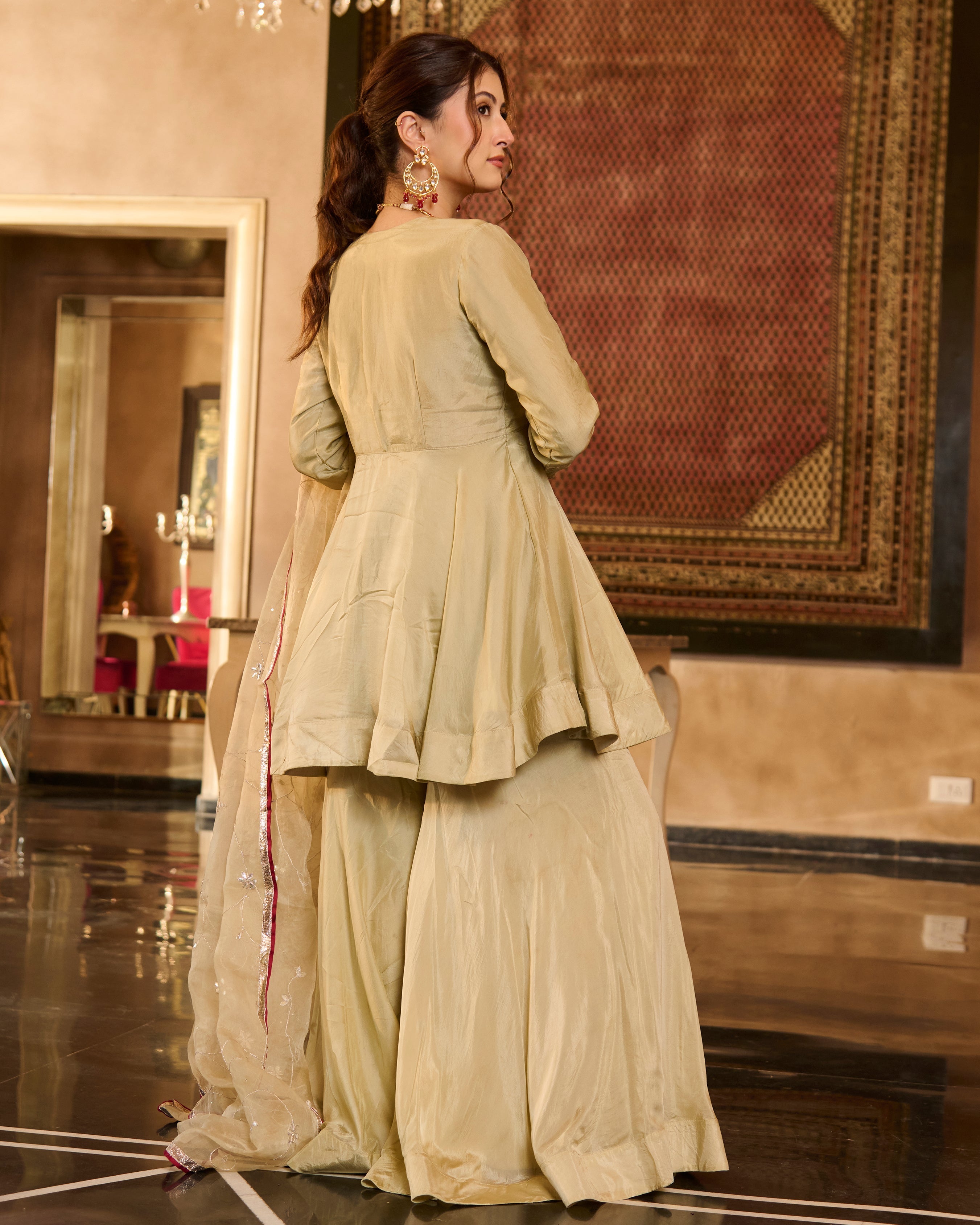 Tilki Olive Green Solid Silk Sharara Set