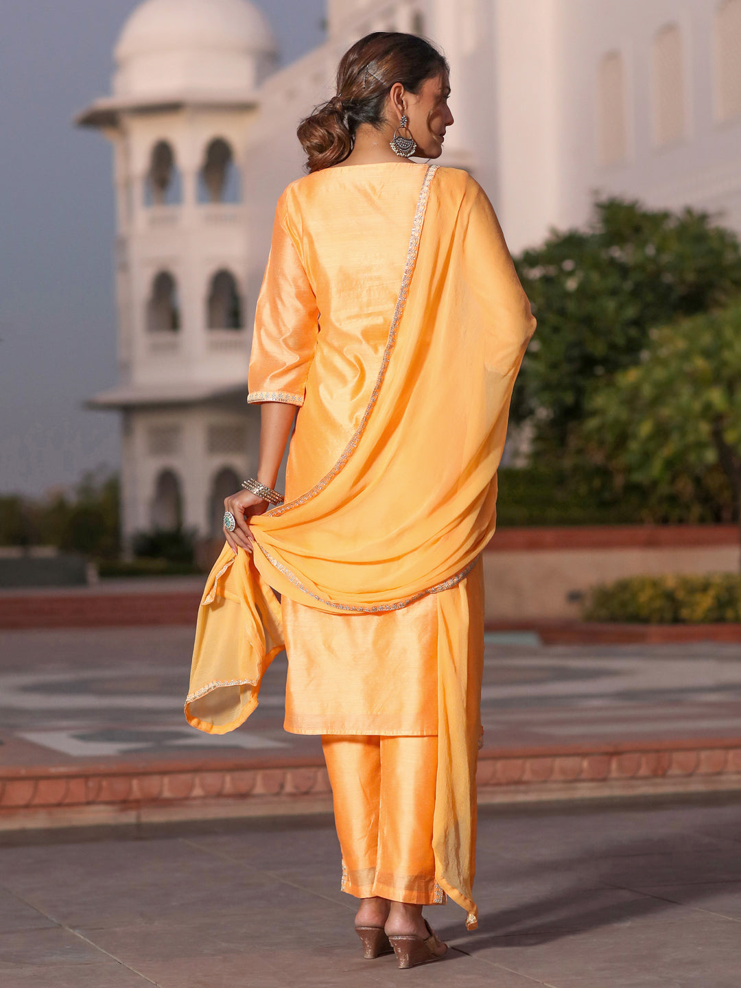 Orange Chanderi Embroidered Kurta With Trousers And Chiffon Dupatta