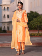 Orange Chanderi Embroidered Kurta With Trousers And Chiffon Dupatta
