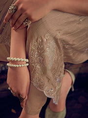 Powder Beige Color Straight Zardozi Embroided Kurta With Pants And Chinon Embroidered Dupatta