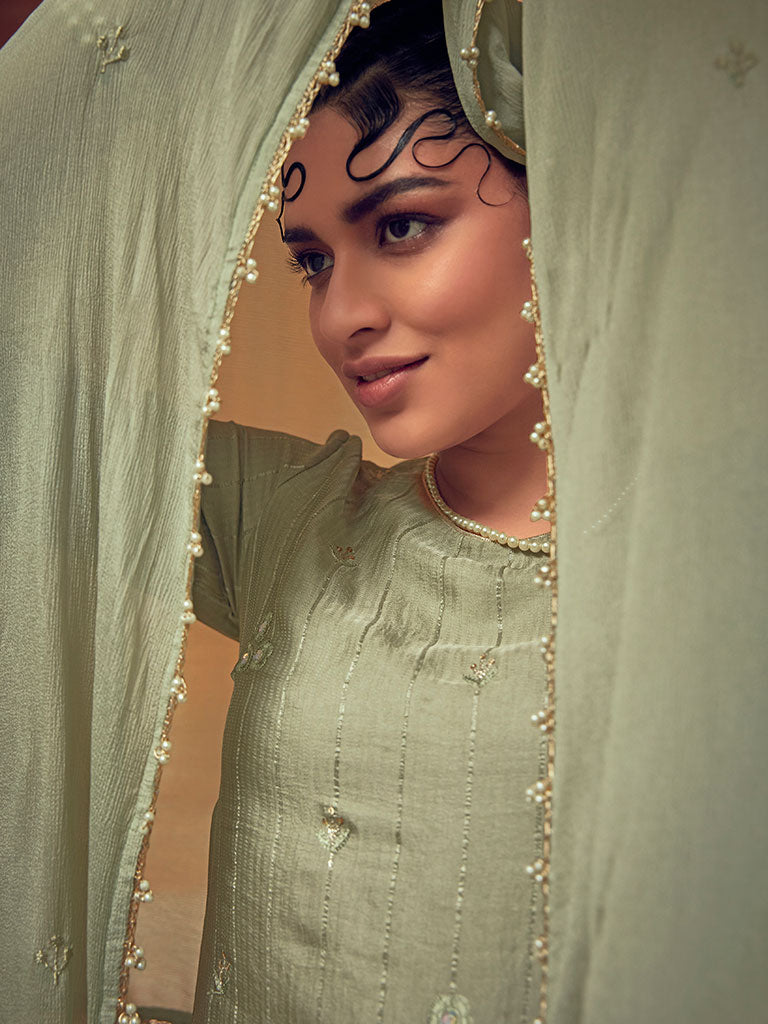 Light Green Color Straight Zardozi Embroided Kurta With Pants And Chinon Embroidered Dupatta