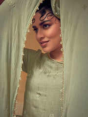 Light Green Color Straight Zardozi Embroided Kurta With Pants And Chinon Embroidered Dupatta