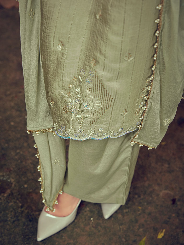 Light Green Color Straight Zardozi Embroided Kurta With Pants And Chinon Embroidered Dupatta