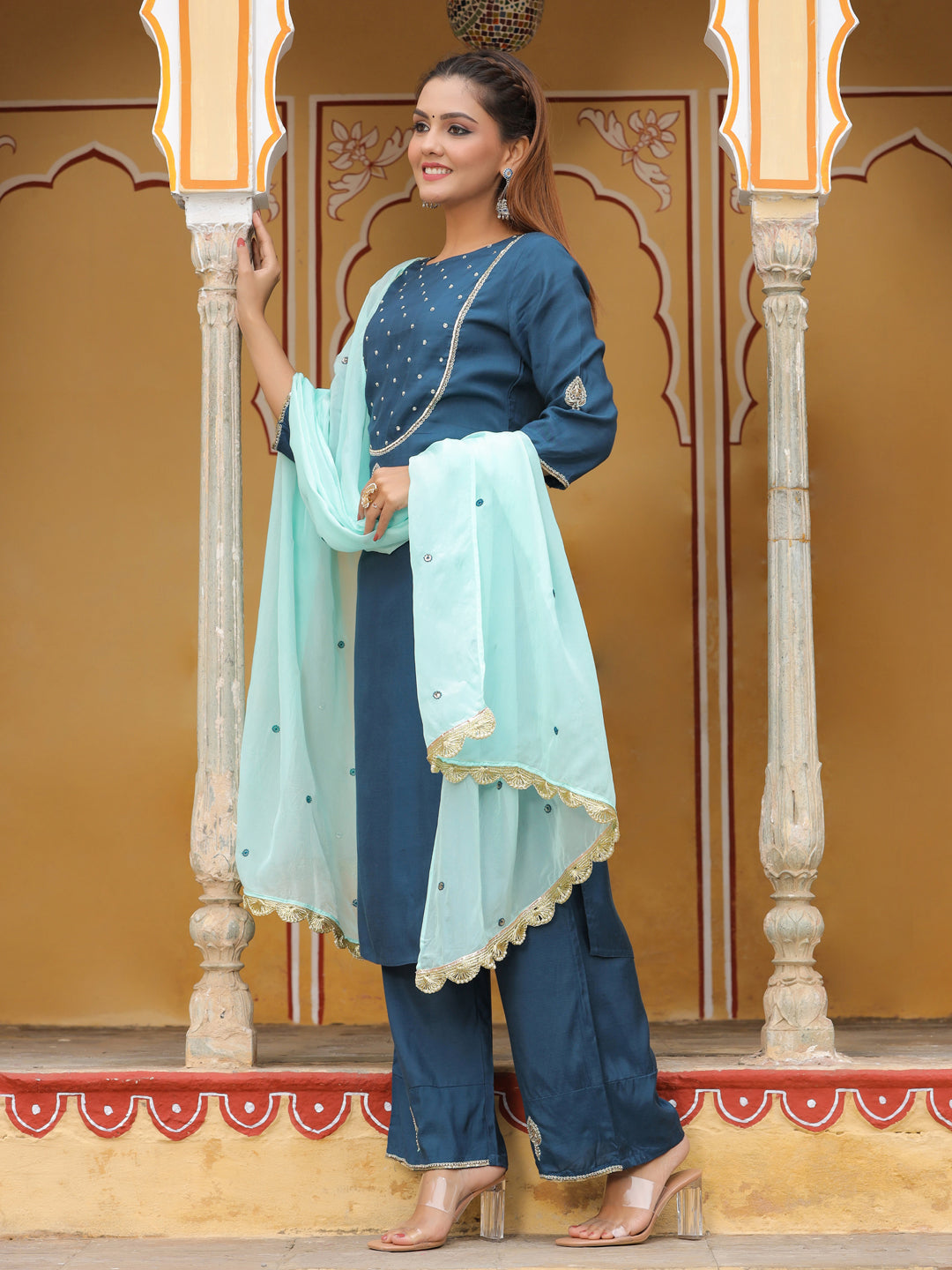 Teal Embroidered Straight Kurta With Palazzo And Dupatta